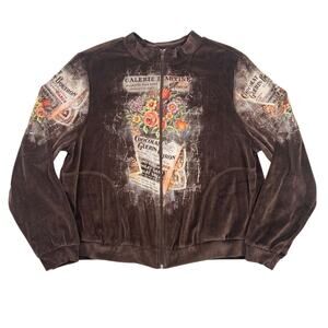 Vintage 90s Confetti Brown Floral Velour Graphic Zip Sweatshirt Made in USA - L